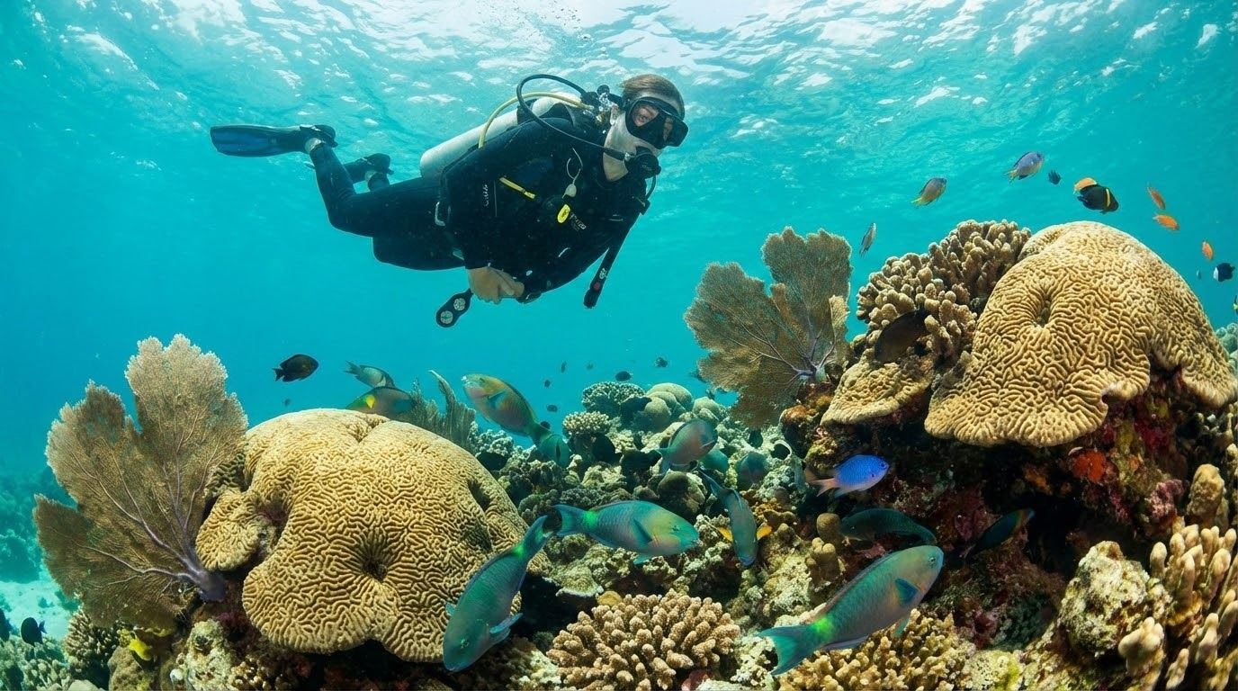 Diver over hard coral and parrotfish on a shallow Phu Quoc reef