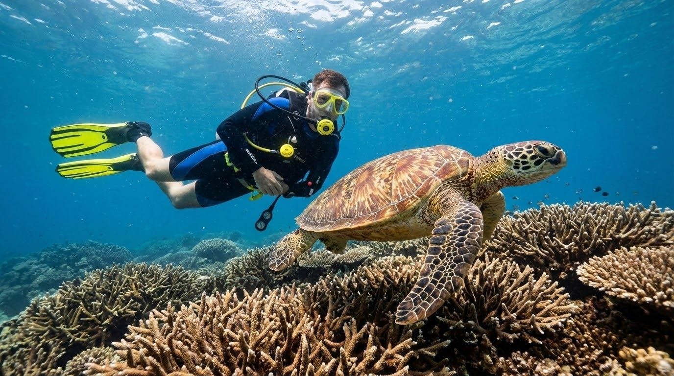 Diver swimming beside a sea turtle over a Phu Quoc coral reef