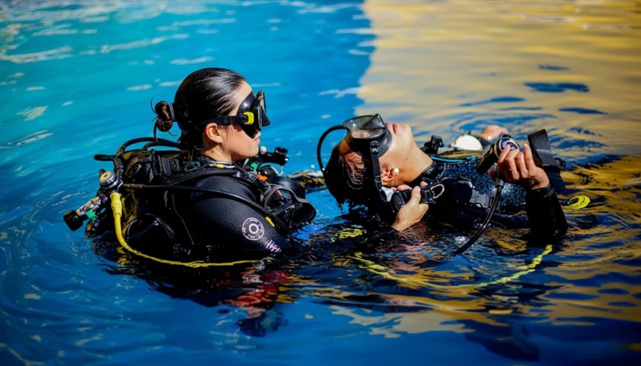 Rescue diver towing an unresponsive diver at the surface